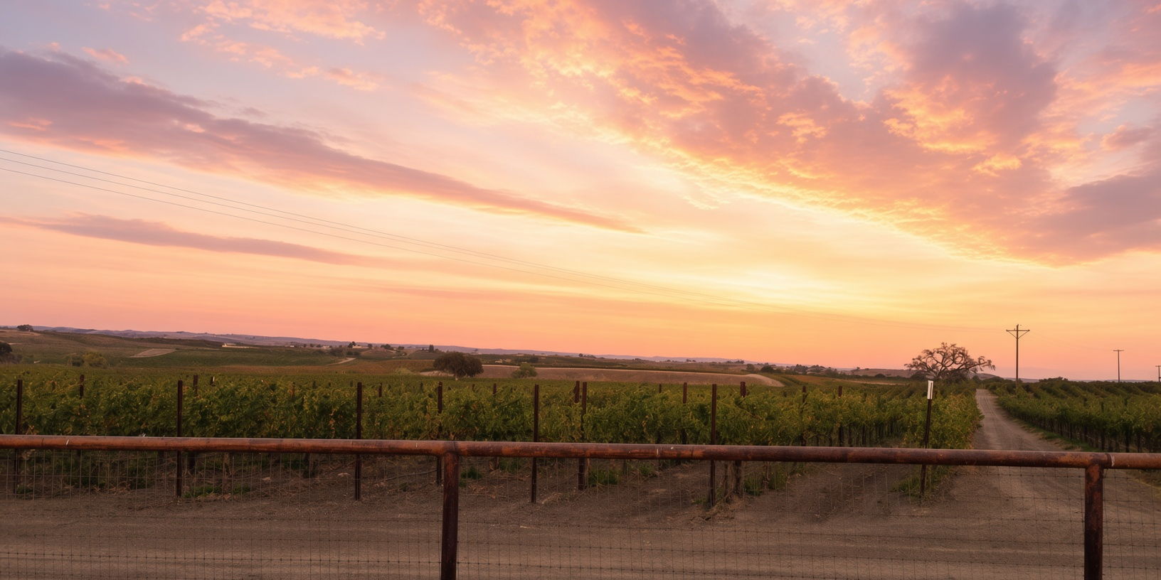Vineyard rows and a valley oak at sunset in rural east side Paso Robles, California, seen across a ranch fence beside a dirt road